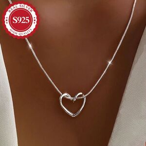 Sterling Silver Open Heart Pendant Snake Chain Necklace Simple Classic Adjustble
